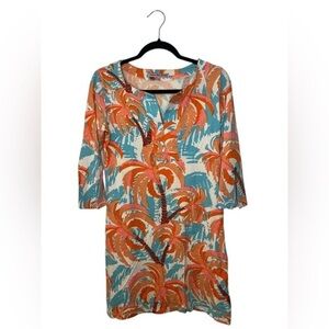 Barbara Gerwit Tropical Print Dress with Orange and Blue Palm Leaves